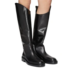 Krazing Pot Super Big Size 45 Cow Leather Chunky Med Heel Round Toe Riding Boots Winter Warm Shoes Casual Women Thigh High Boots