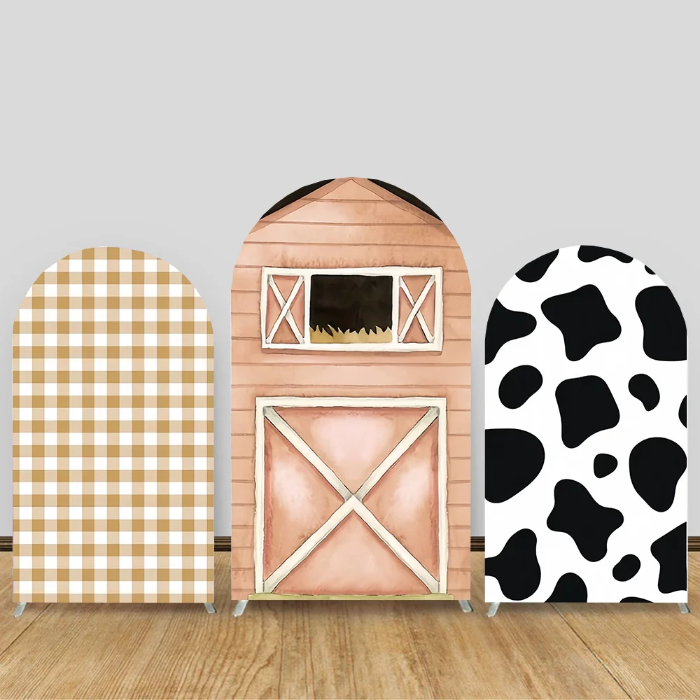 

Farm themed cartoon house black and white cow plaid arched background suitablefor children birthday party decoration baby shower