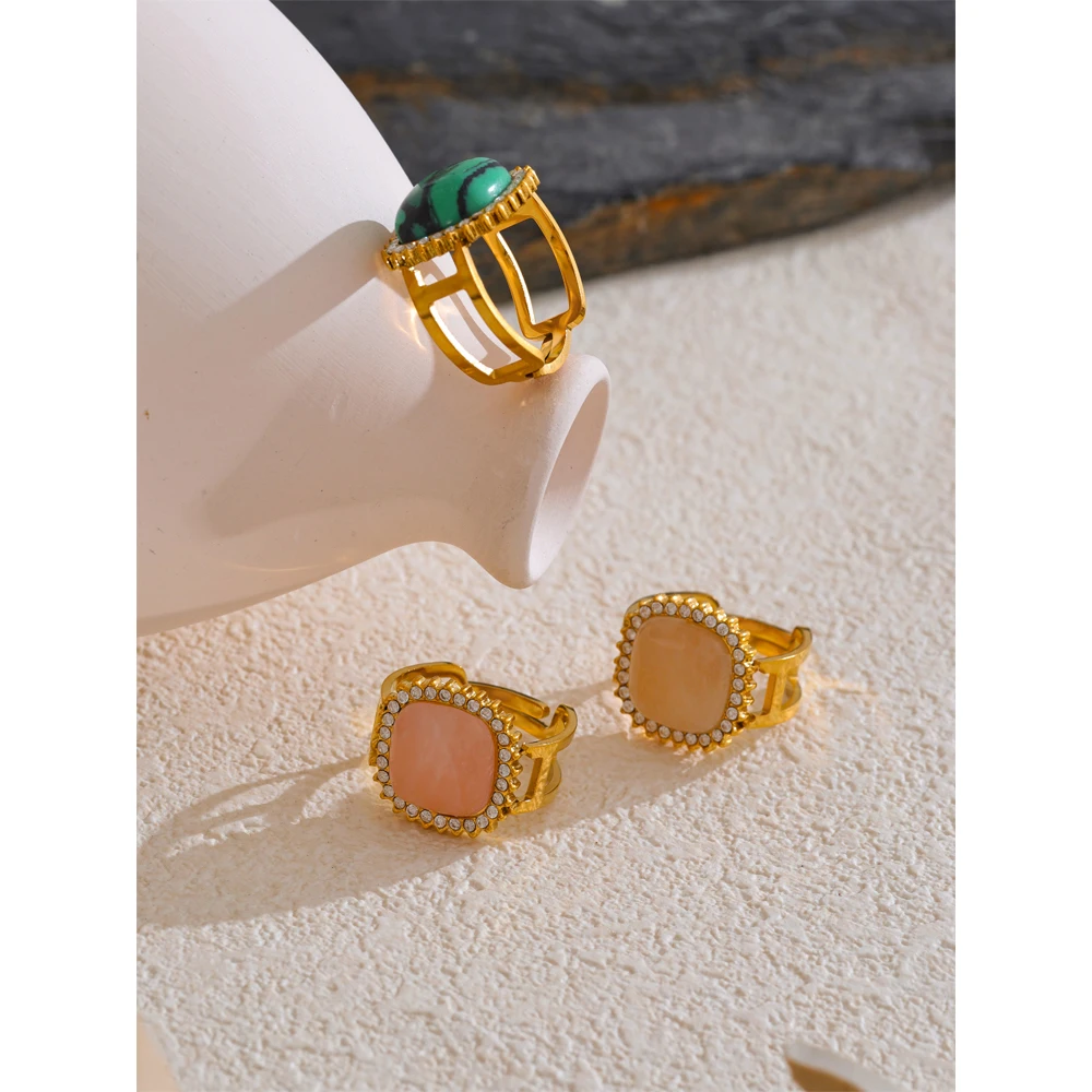 Yhpup Natural Pink Crystal Stone Malachite Zircon Square Open Ring for Women Stainless Steel High Quality Finger Jewelry Gift