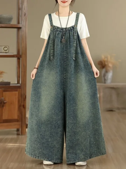 

Retro Waed Denim Onesie Pants Loose Wide Leg Jeans Women's plus Size Casual Dungarees Slimming Effect Daily Wear