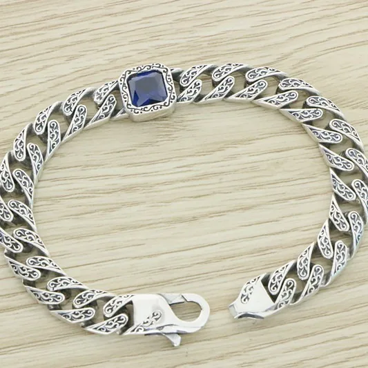 

China-Chic 925 Silver Cuban Blue Crystal Bracelet Men's Retro Birthday Gift Luxury Tang Grass Style Handwear