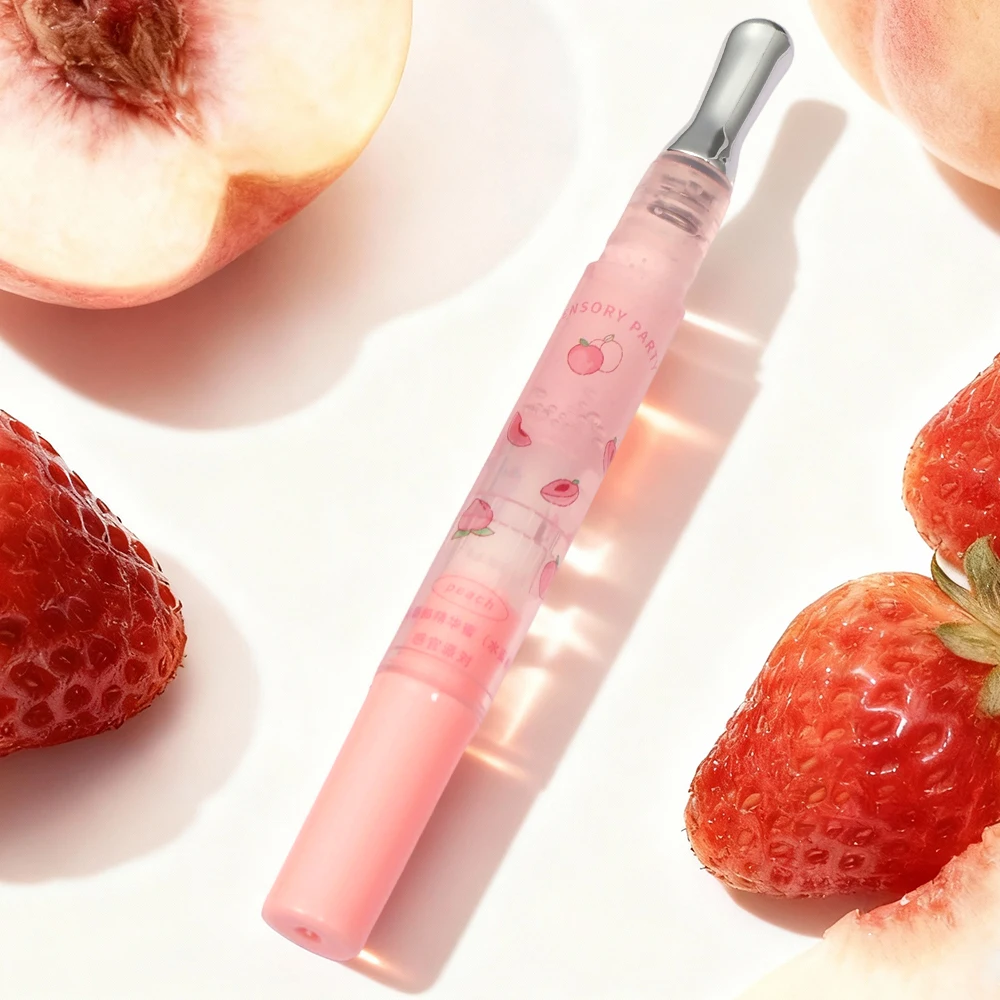 Lindo brillo de labios rosa pluma de aceite hidratante no pegajoso sabor a fruta fresa melocotón maquillaje de labios brillante