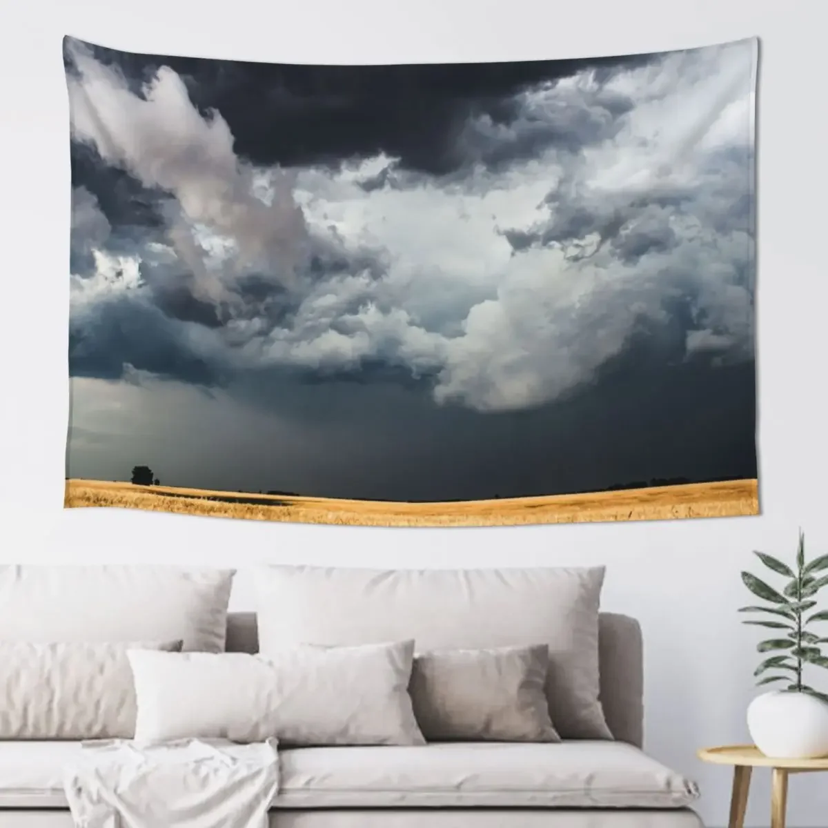 Cotton Candy - Storm Clouds Gather Over Golden Wheat Field in Kansas Tapestry Outdoor Decor Home Decorators Tapestry