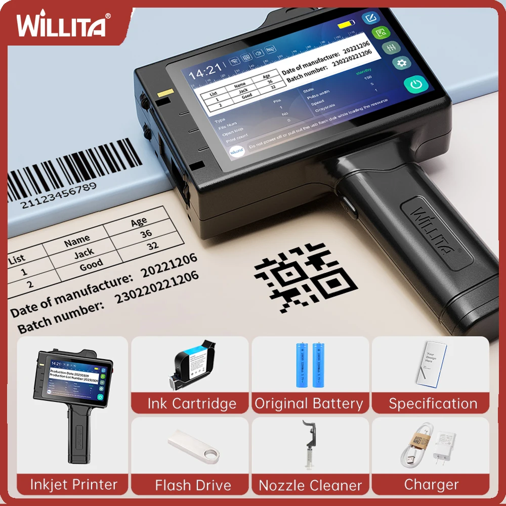 Willita 12.7mm Handheld Inkjet Printer Portable for Logo, Expiry Date Printing Capacitive Screen Coding Machine Inkjet Printer