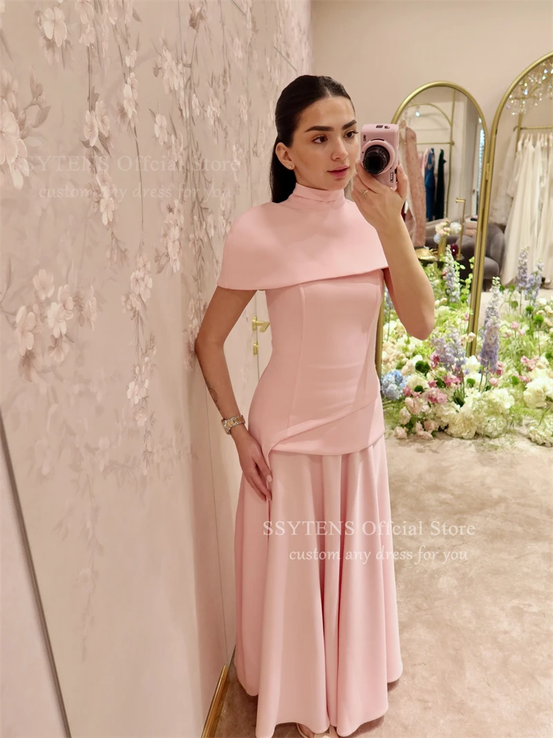 SSYTENS Pink Long Length Evening Dresses High Neck Prom Dress Robes De Soirée Cape Asymmetrical Vestidos Para Mujer Customized