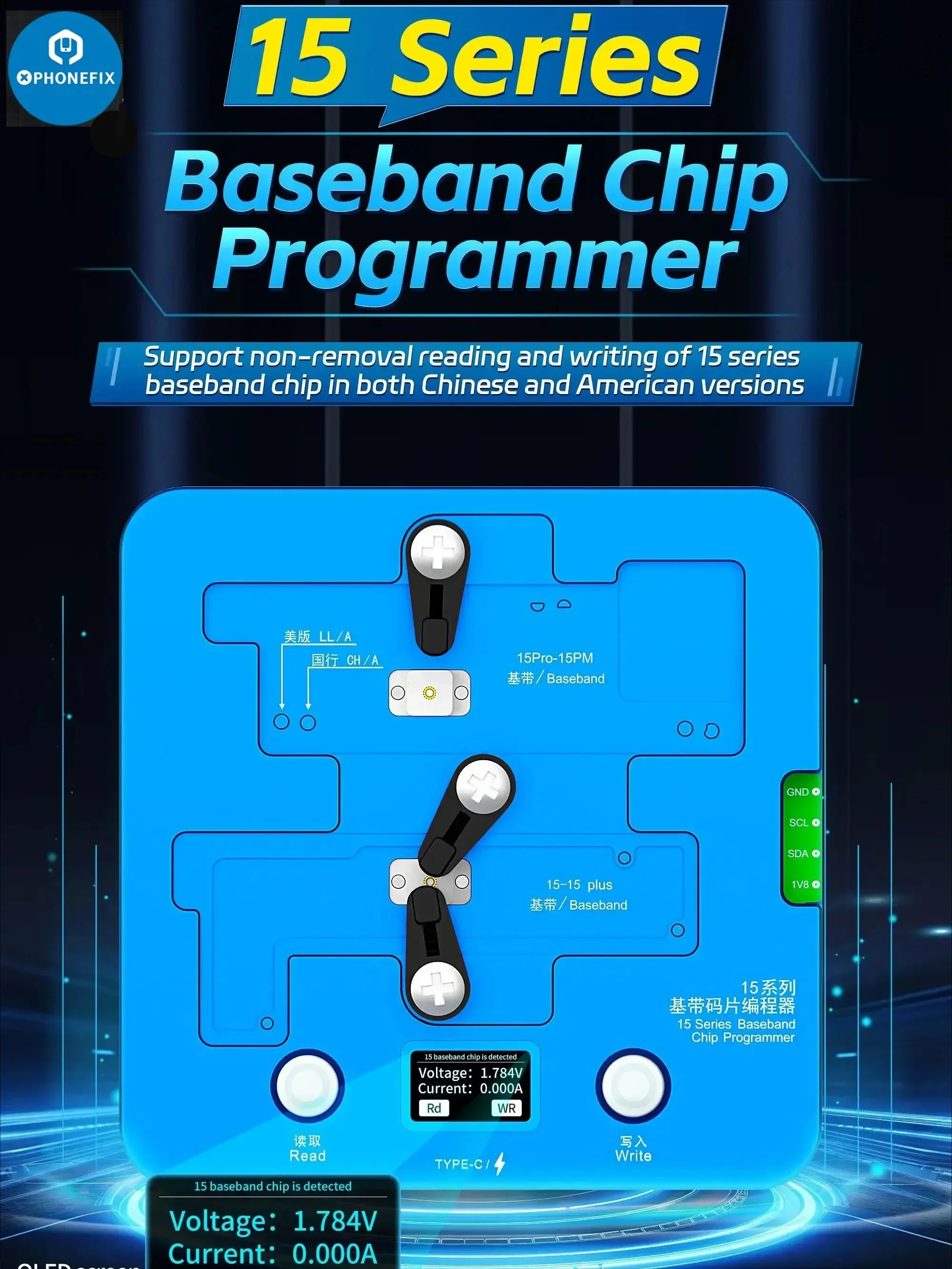 

JCID Integrated Chip Logic Baseband EEPROM Non-removal Programmer Intel Qualcomm IC for For IPhone X-15 Pro Max Repair Tool Set