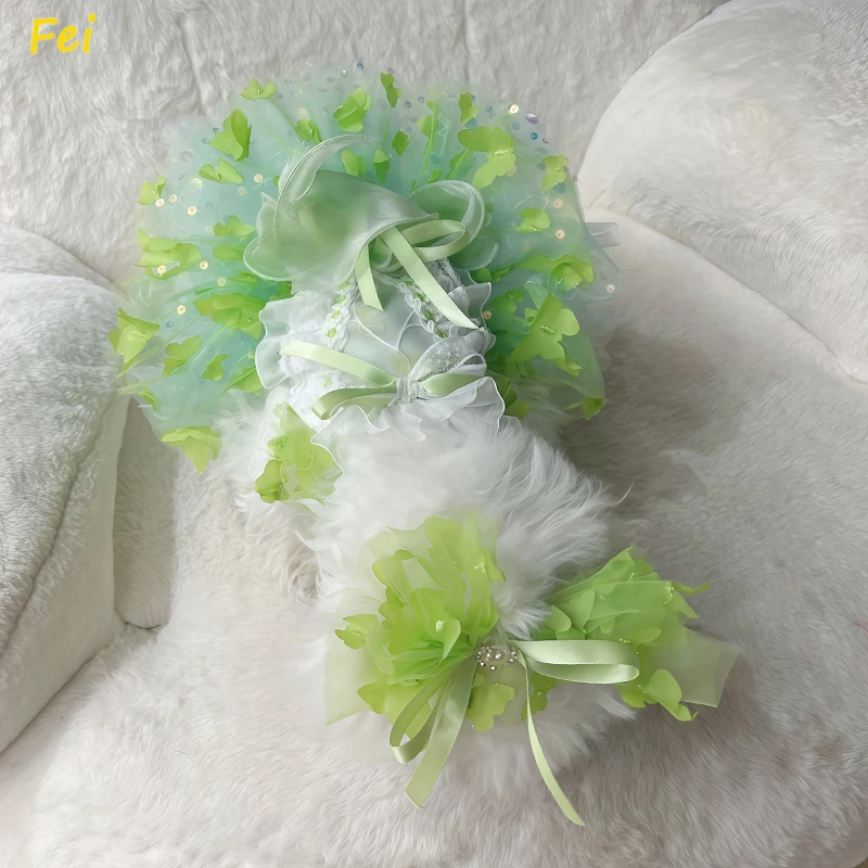 

Designer Pet Bride Dress 2025 - Emerald Sequin Embroidery Flower Gown, Luxury Wedding Ceremony Outfit for Small Dogs