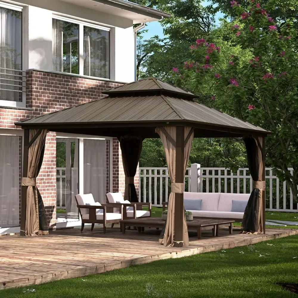 

Hardtop Gazebo, Aluminum Metal Gazebo with Galvanized Steel Double Roof Canopy, Curtain and Netting, Permanent Pavilion