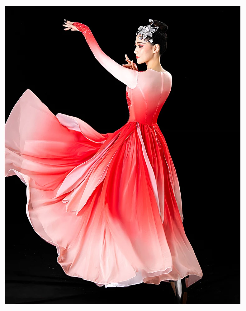 女性のためのクラシックダンスの衣装、hanの衣装、大きなスイングスカート、モダンなオープニング、ファン