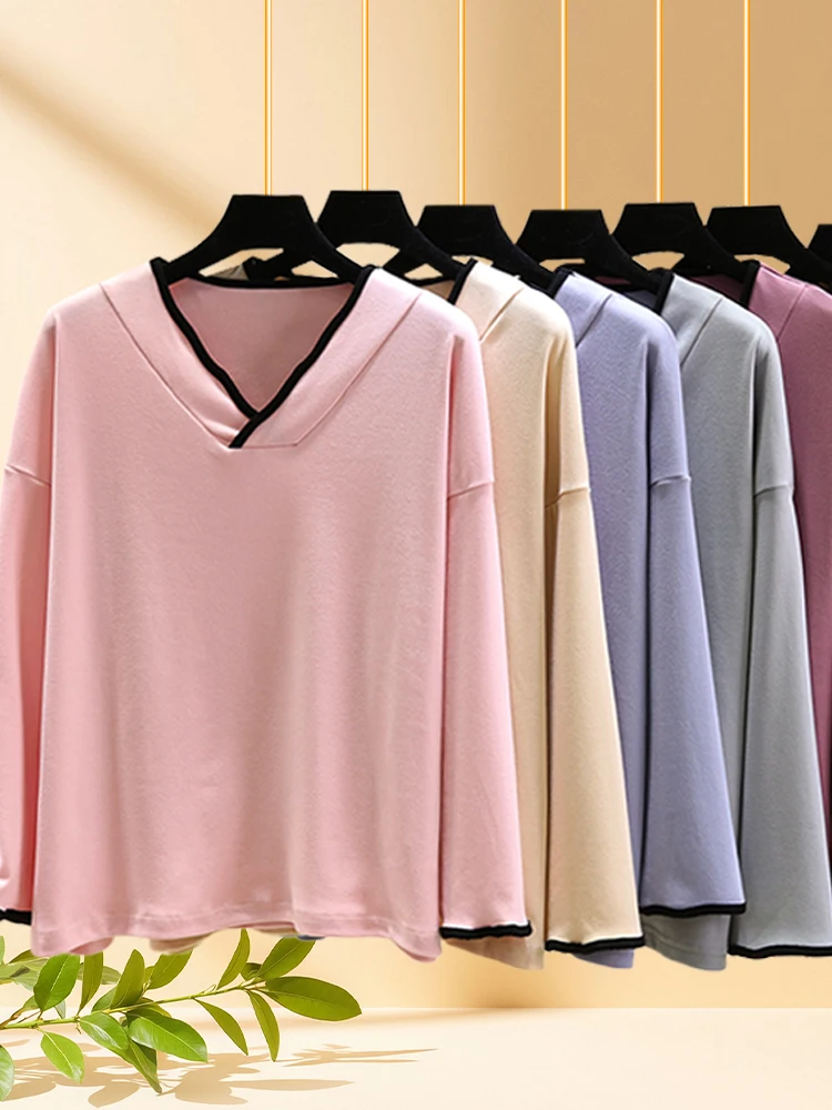 

Thiened Long Sve V-Ne Spwear Top, женская зимняя теплая свободная футболка, однотонная домашняя одежда больших размеров