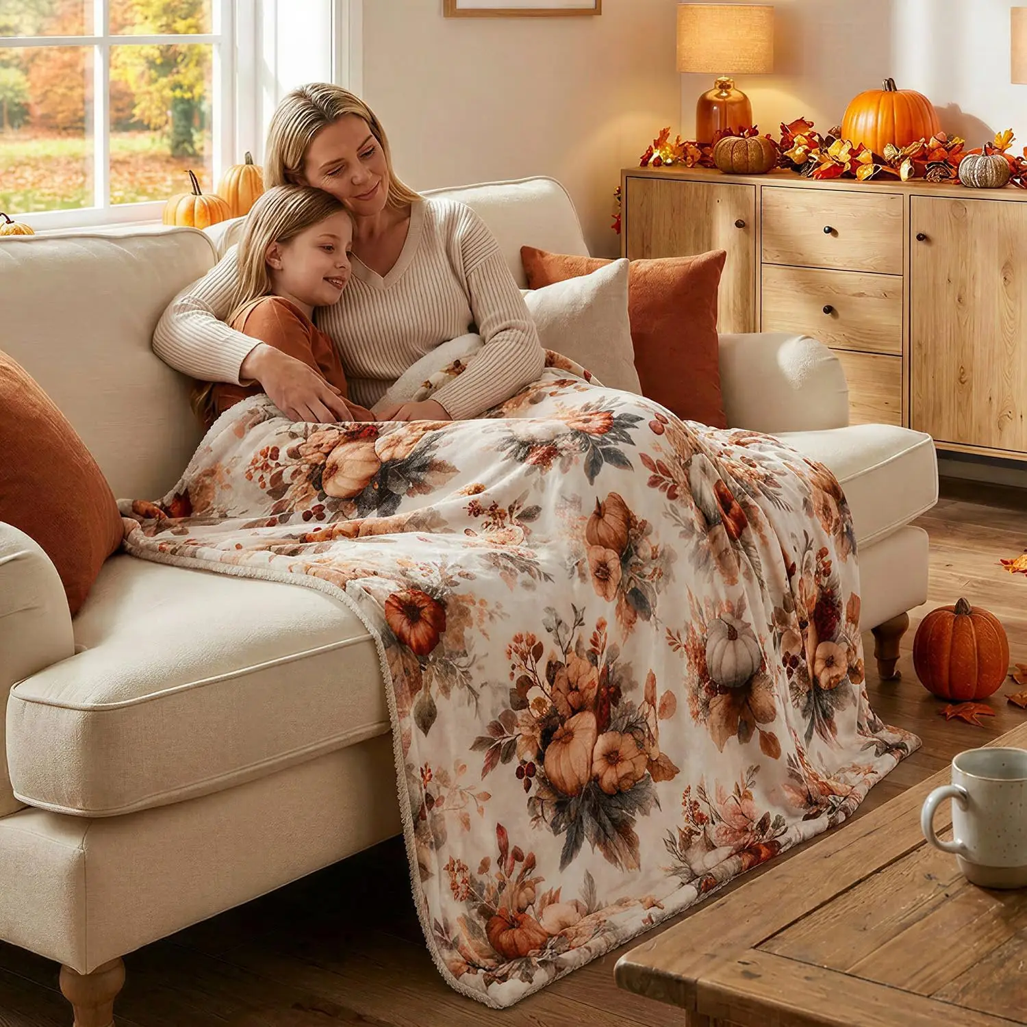 EVERLORIA Fall Pumpkin Throw Blanket 50"x60", Soft Warm Flannel Sherpa Fleece Autumn Blanket, Orange Pumpkin & Maple Leaves Throw for Sofa Couch Bed, Cozy Farmhouse Thanksgiving Home Decor Gift - view 6