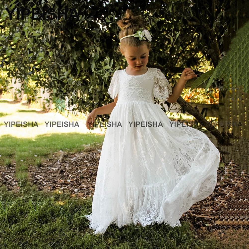 Yipeisha Juwel Spitze Blumen mädchen Kleid boden lange Kinder kurze Ärmel Erstkommunion Kleid A-Linie formelle Party für Kind