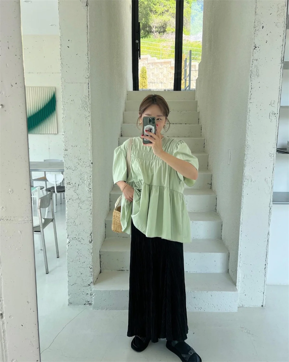 Loose Puffed Sleeve Shirt Round Neck Pleats Solid Color Half Sleeve Top Ladies Casual Fashion Sweet Style Summer Vacation 2024