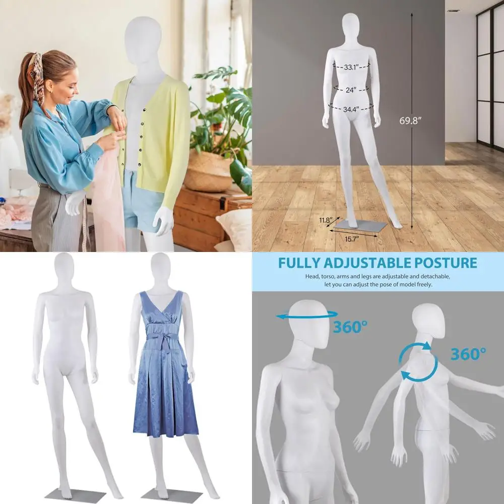 

Регулируемая подставка для манекена в полный рост (женский) с реалистичной головой и поворотной моделью для демонстрации одежды, белая, 69 см