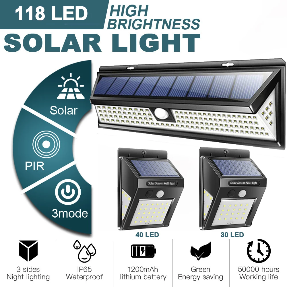 118LED/40LED/30 LED Solar Wall Lamp 3 Światło powierzchniowe z czujnikiem ruchu Wodoodporne schody Ogród Dziedziniec Kinkiet