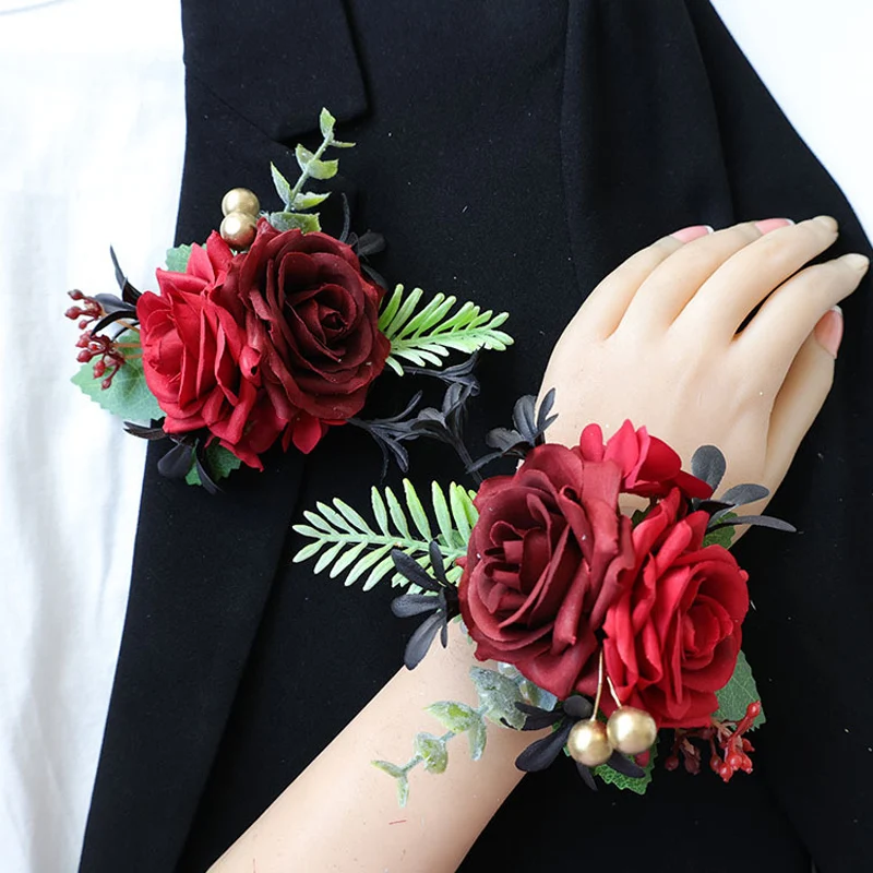 

25037 Red Bohemian Rose Flower Corsage & Wristlet Set - Perfect for Brides, Groomsmen, and Wedding Decorations