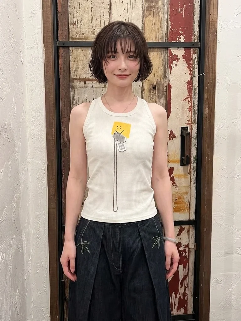 Japanese Smile Cookie Hip Hop Military Brand Printed Ribbed Vest Spicy Girl Trendy Street Knitted Elastic Sleeveless T-Shirt