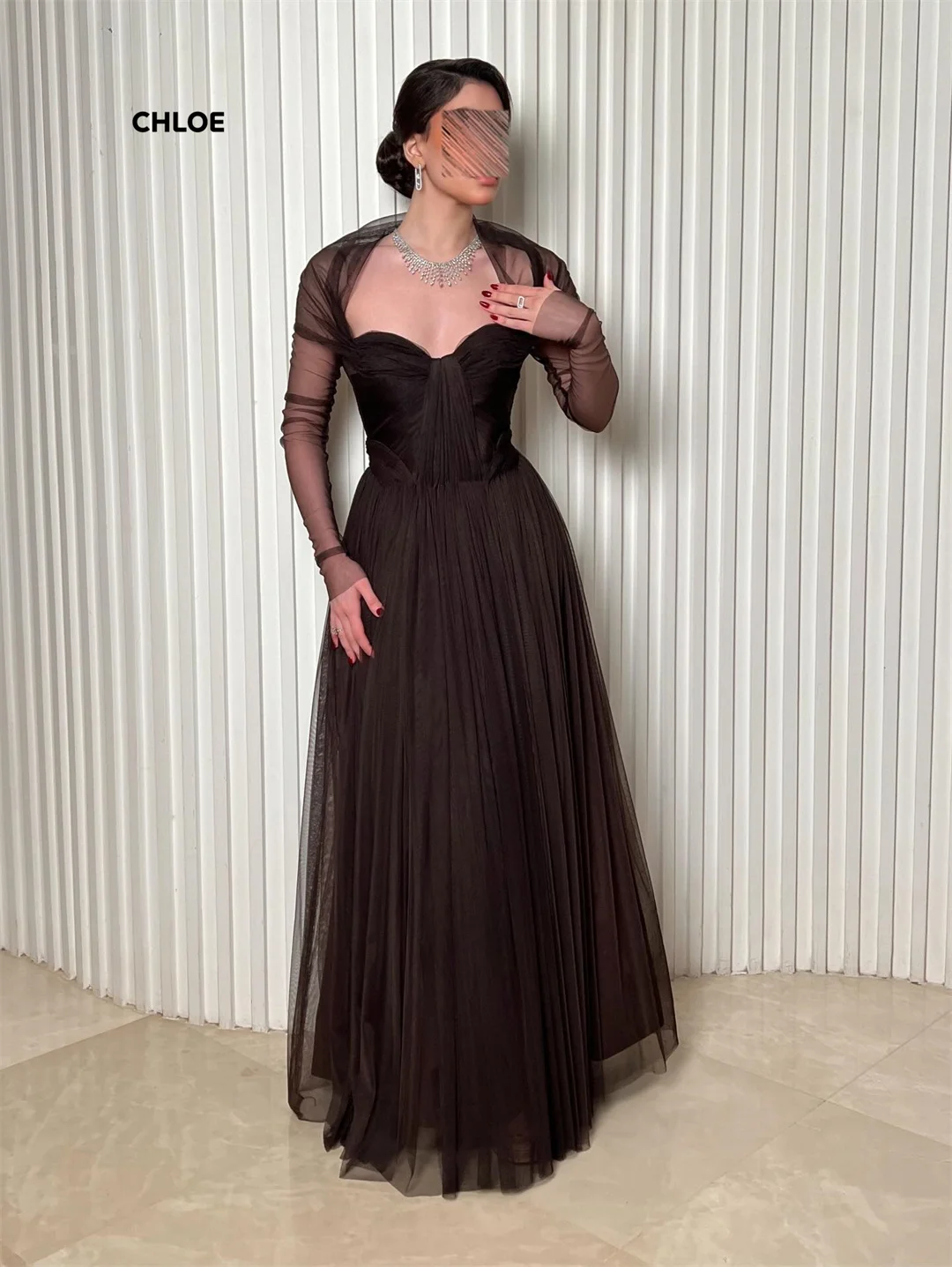 

Line A Evening Dresses Wedding Long Sleeves Customized Elegant Woman Dress Brown Chiffon Ball Gowns Special Occasion Dresses