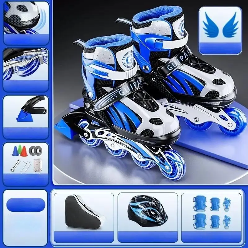 Flashing Inline Roller Skate Shoes Set Adjustable Size 4 Wheels Skates Outdoor Skating Sport Kids Boys Girls Teenage Beginners