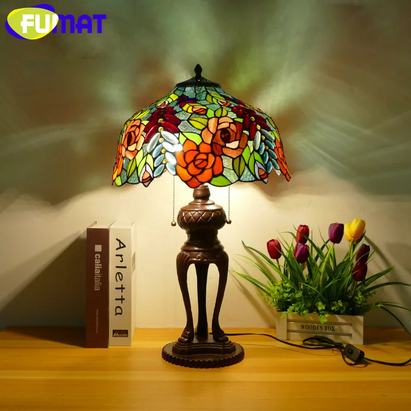 

FUMAT Tiffany style stained glass 16 inch American retro table lamp for bedroom bedside desk lamp bar lamp cafe LED decor