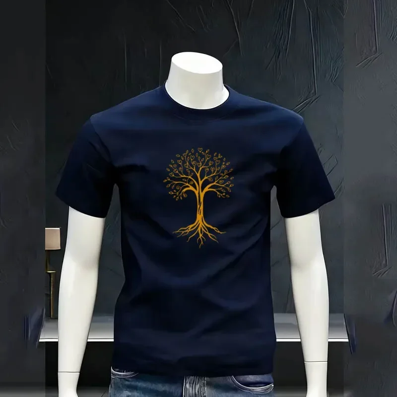 Men's Light Luxury Literary Style Gold-Foiled Tree of Life Print Casual T-Shirt Trendy Versatile Top for Outings