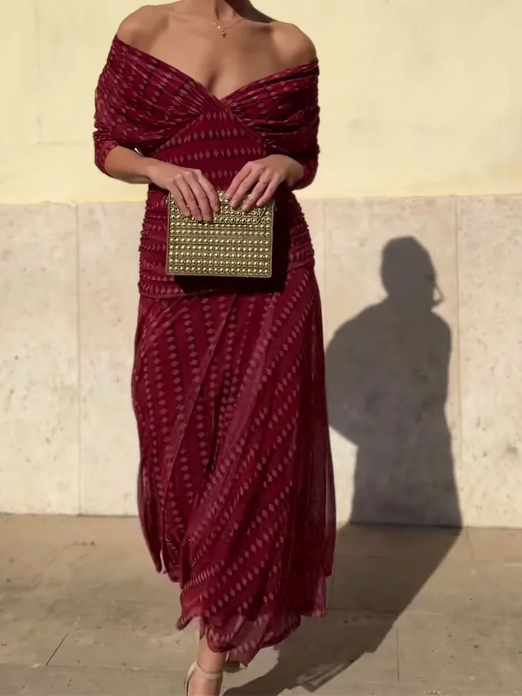 مثير عالية الخصر شبكة ألف خط فستان الصيف المطبوعة شال طوق الشيفون فستان جديد مثير قبالة الكتف بوهو سوينغ فستان طويل الشاطئ #2