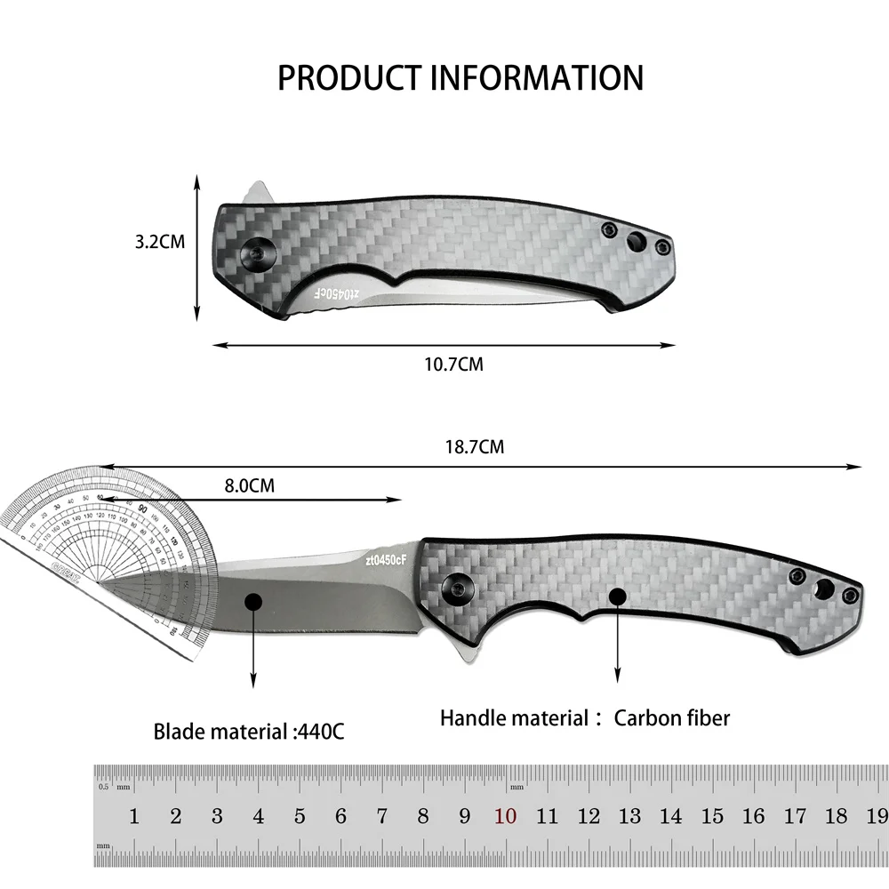 ZT 0450 Flipper Assisted Folding Pocket Knife 440C Satin Blade, Carbon Fiber Handles Outdoor Tactical Knives Hunting EDC Tool