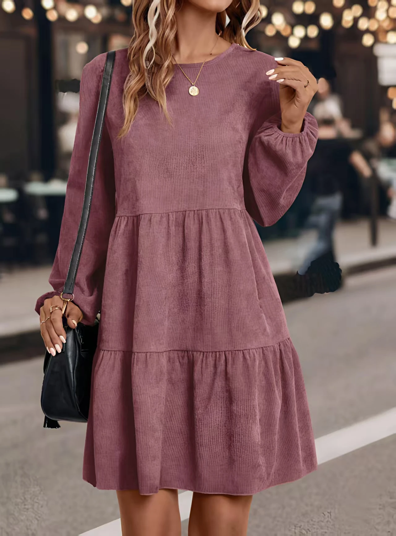 Herbst Neues Damen Langarm-Rundhalskleid – Detail 4