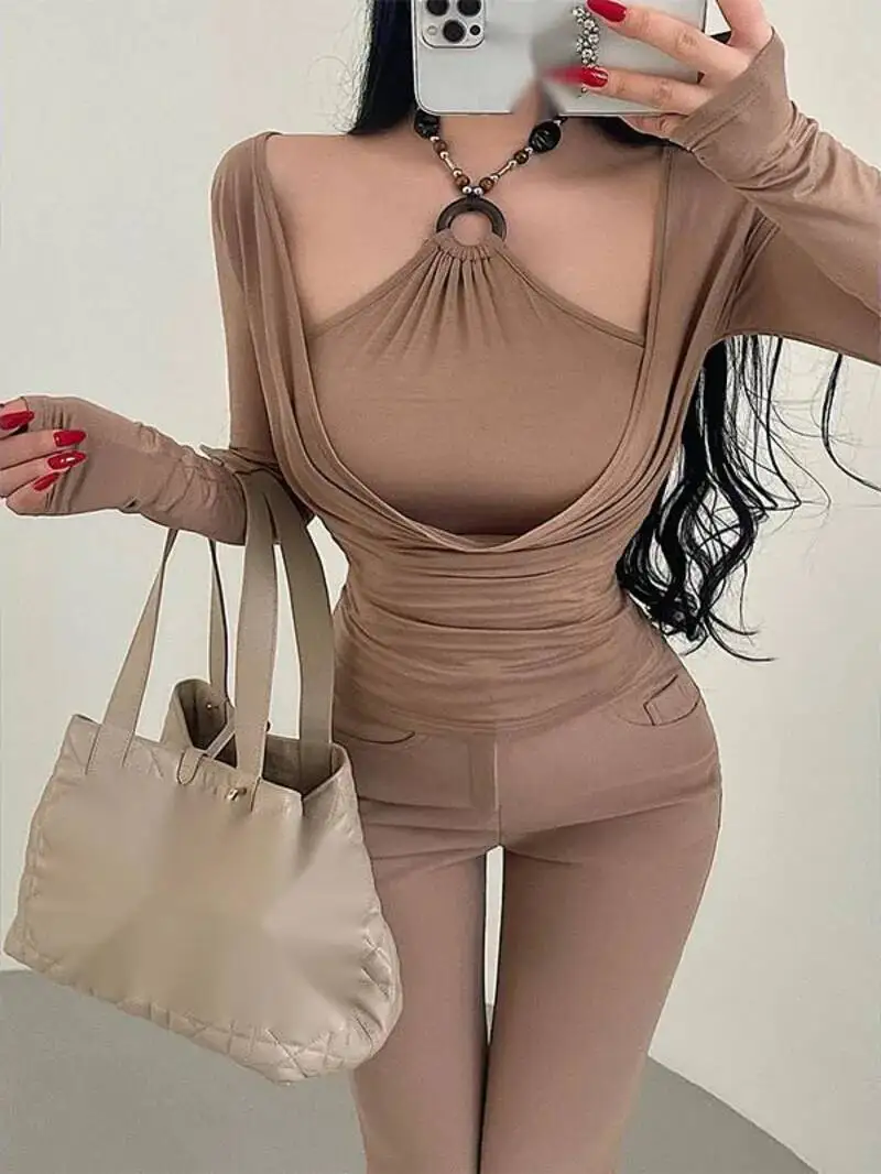

Pure Desire Style Sexy Swing Collar Waist Slimming Fake Two-Piece Beaded Halter Neck Long Sleeve T-Shirt Top Tees 5ZC1