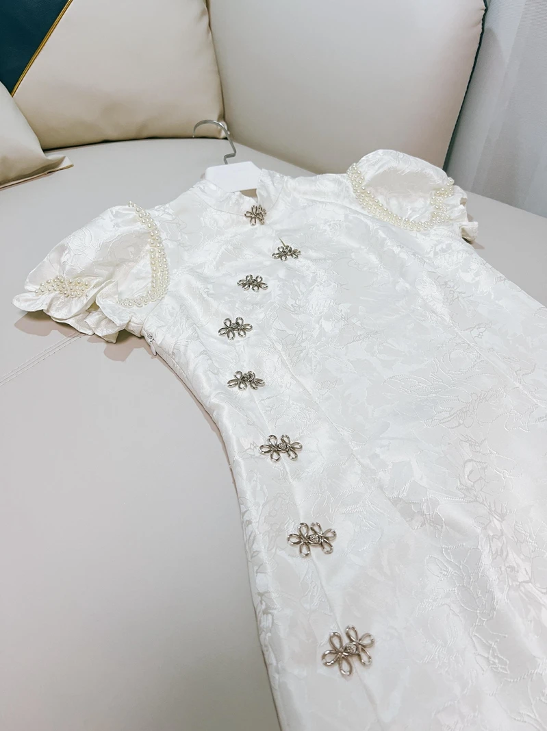 

Retro Chinese Sle Bubble Sve Pearl Embellied ort Qipao Dr Young Girl Design Trendy Traditional Costume Polyester ...