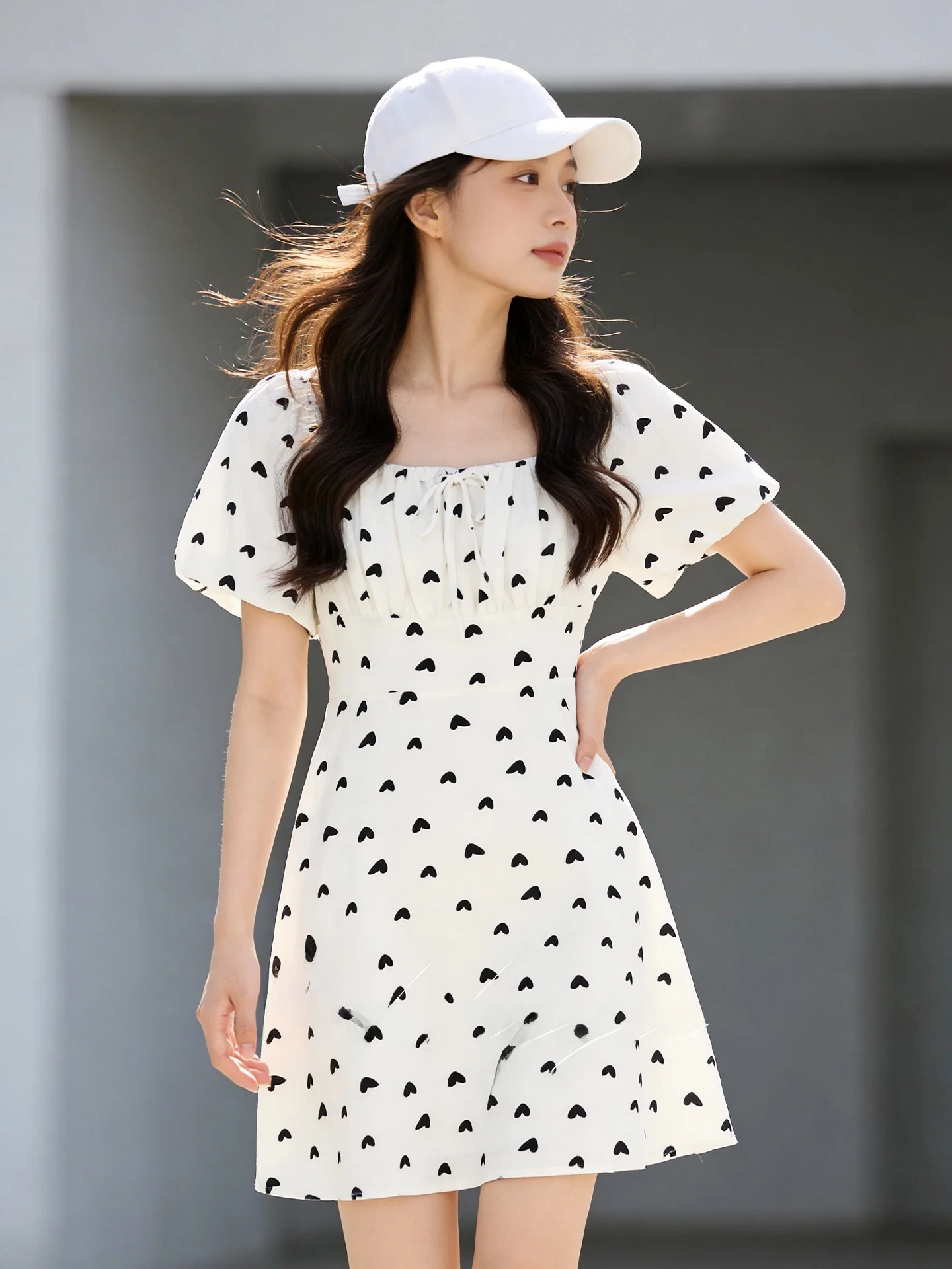

Sweet Elegant Printed Summer Dress Age Reduction Waist Cinching Square Neck Short Sleeve Casual High Waist A-Line Long Dress