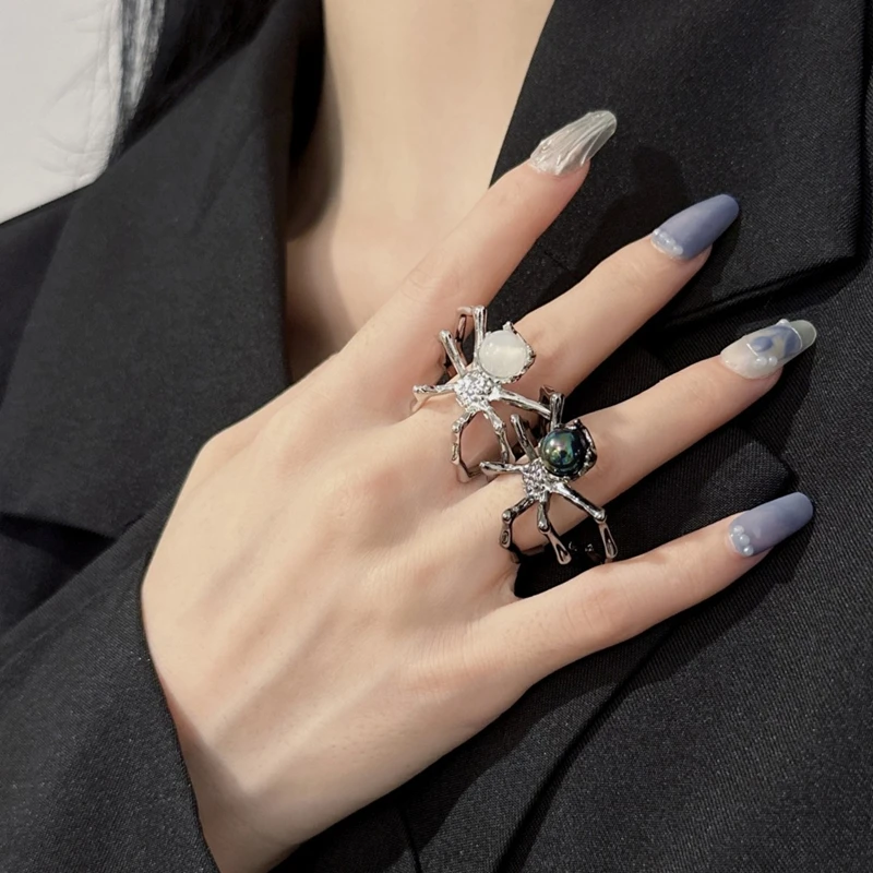 Halloween Creative Black Spider Opening Ring For Women Crystal Irregular Dark Animal Bat Ghost Gothic Finger Rings Party Jewelry