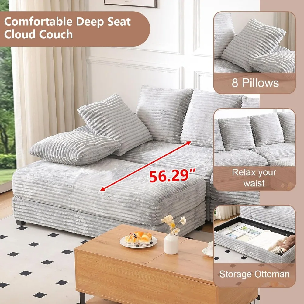 أريكة مقطعية كبيرة الحجم مع مقاعد عميقة، مسند تخزين، 8 وسائد - أرائك سحابية مريحة للاسترخاء #4