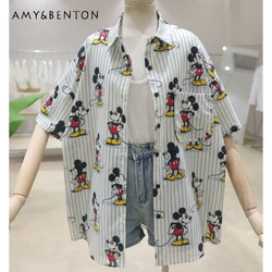 Age-Reducing Full Body Cartoon 2024 Summer Versatile Loose Slimming Cotton Short Sleeve Striped Casual Shirt For Women