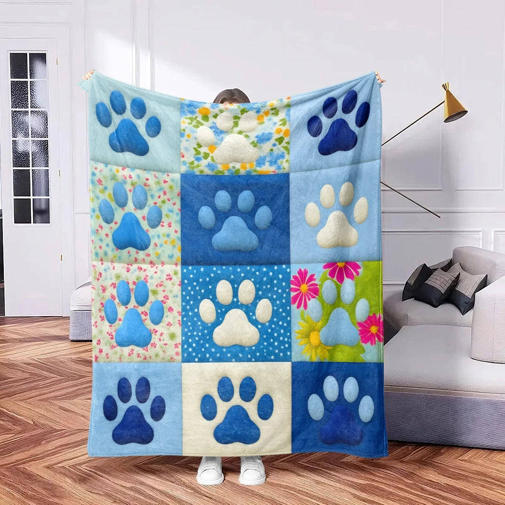 1pc Fresh Plaid Blue White Paw Print Theme Pattern Flannel Blanket, Soft HD Digital Print Cooling Blanket All Year Round! Soft B