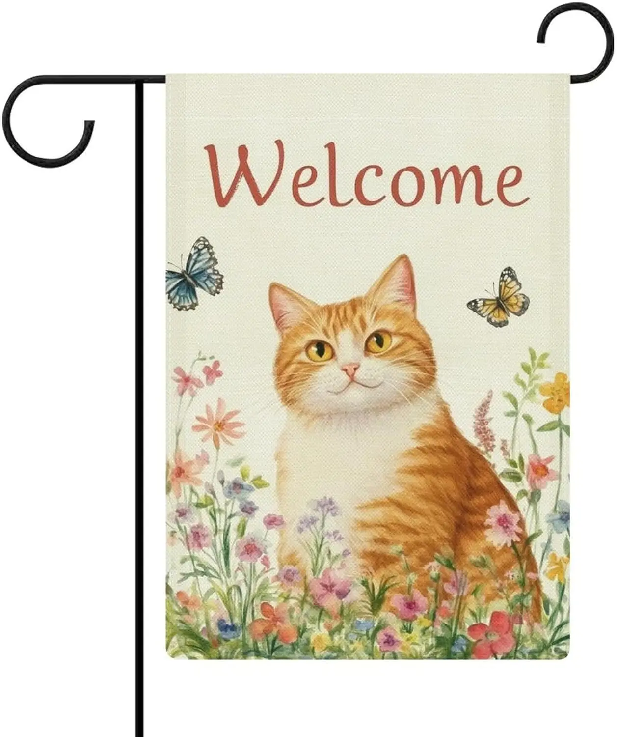 Happy Orange Cat Wildflowers Field Butterflies Garden Flag Holiday Garden Decoration House Yard Home Decor Double Sided Outs LLO