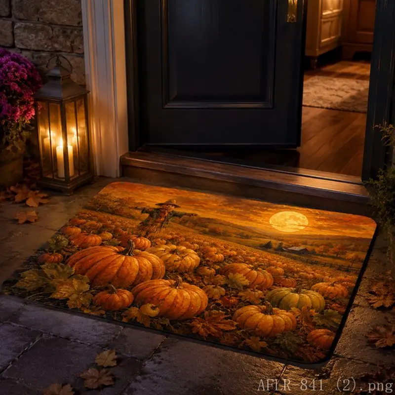 Halloween Dancing Skeleton Pumpkin Door Mat, Spooky Non-Slip Floor Rug, Aesthetic Porch Party Carpet, Vintage Home Decor