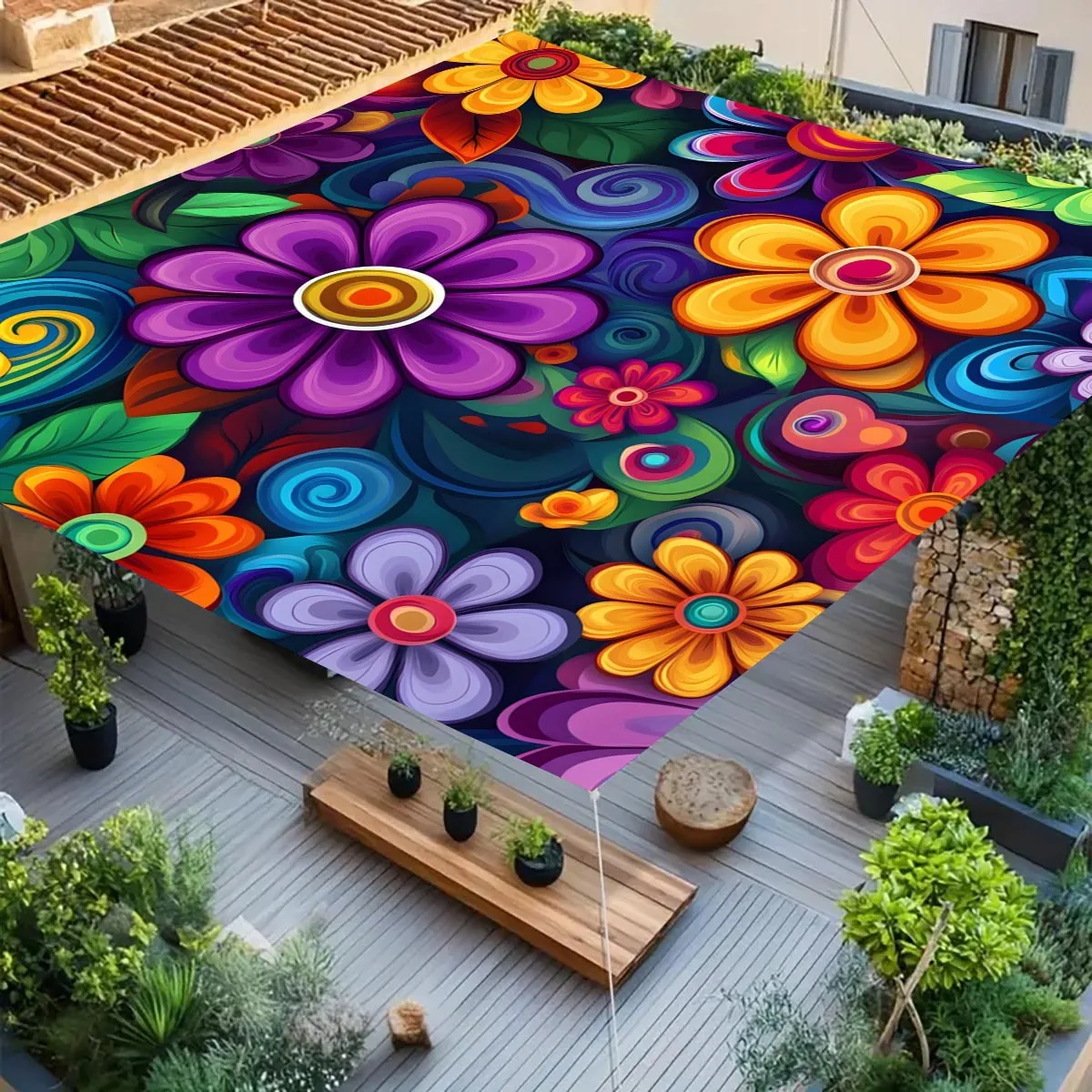 Rectangular Sunshade Sail Bohemian Flower Print Outdoor Garden Deck Backyard Swimming Pool Waterproof UV Block Terrace Sunshade