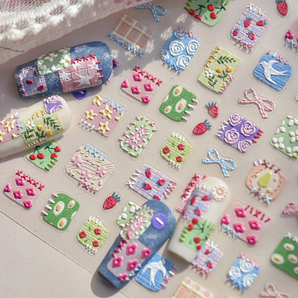 

Fabric Art Grid Colorful Rose Flower Cherry Strawberry Bowknot Seagull Bird 5D Nail Art Sticker Self Adhesive Manicure Decal DIY