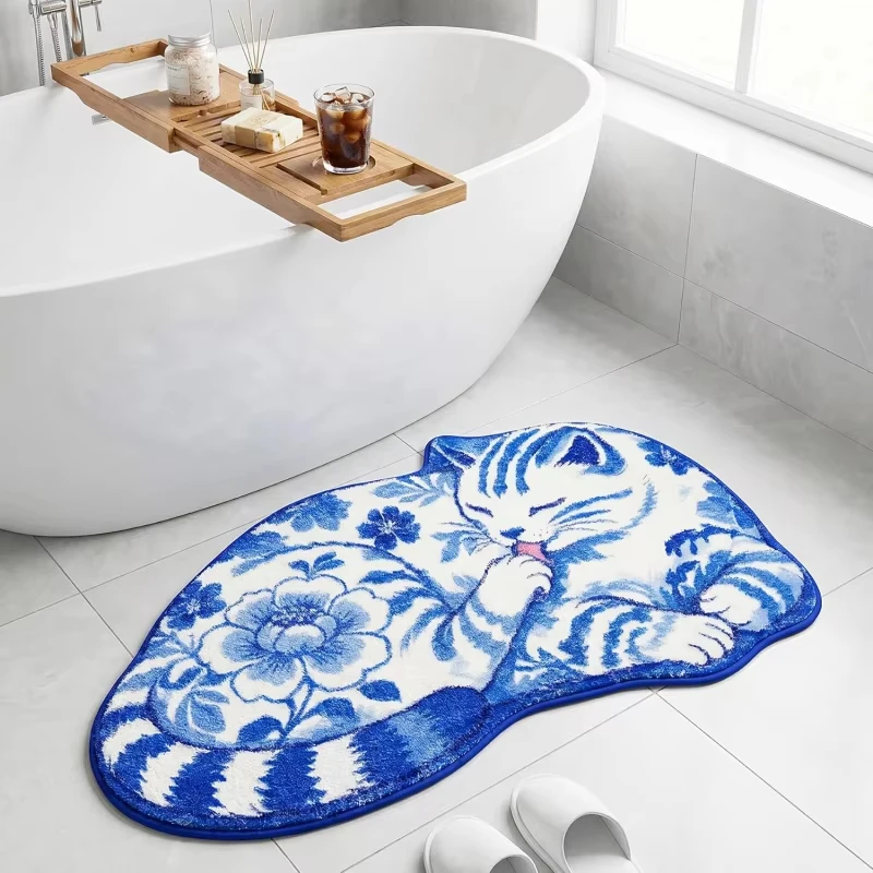 VIKAMA Blue Cat Bathroom Mat, Entryway Decorative Rug, Non-Slip Washable Threshold Carpet for Home Decoration