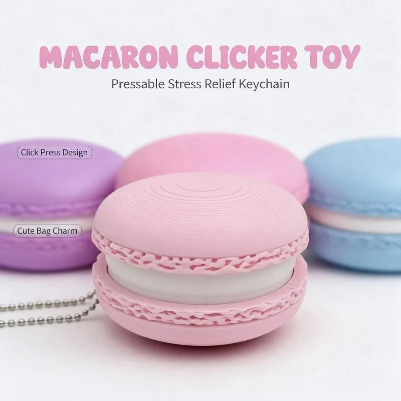 Macaron Cake Squeeze Toy, Stress-Relief Keychain with Finger-Tap Mechanism, 3D-Printed Toy Backpack Charm, Children Gift Toy
