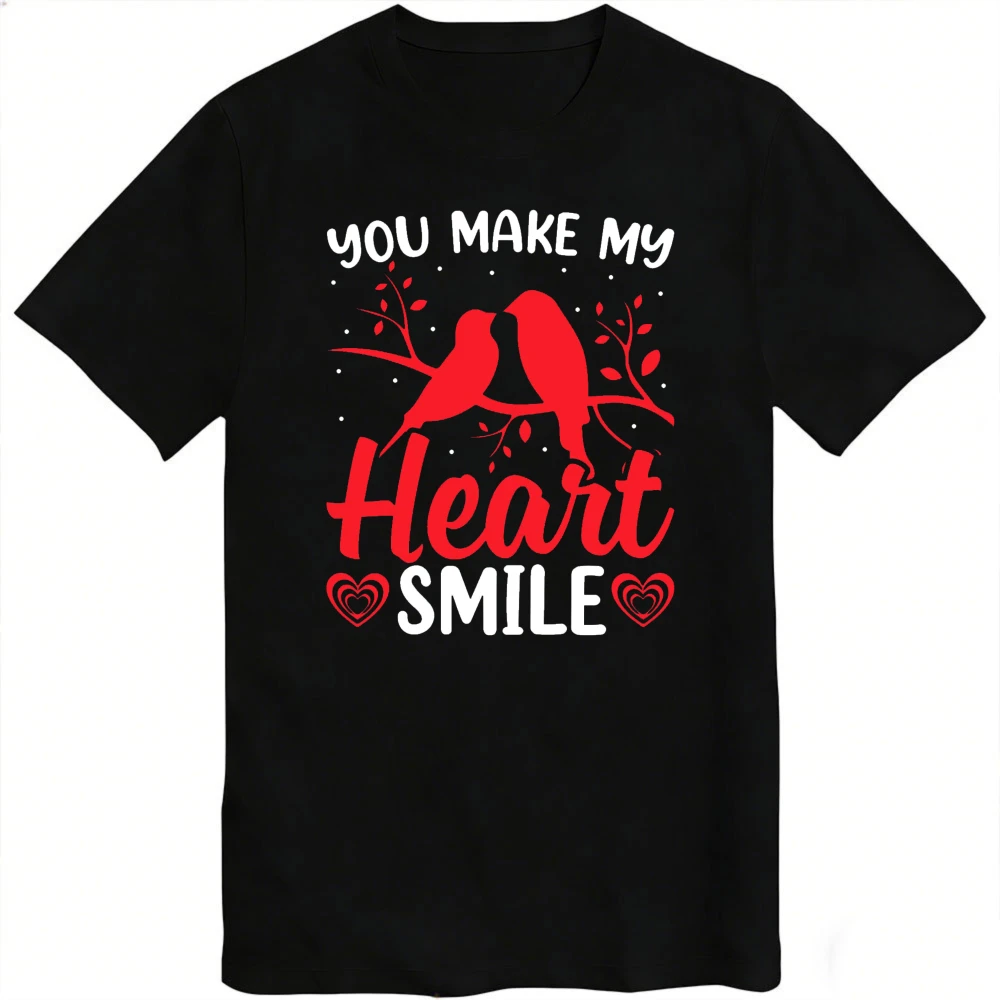 You Make My Heart  Love Birds Couple T-Shirt Short Sleeve Casual Men Unisex Top Gift for Valentine Day Fashion Clothes