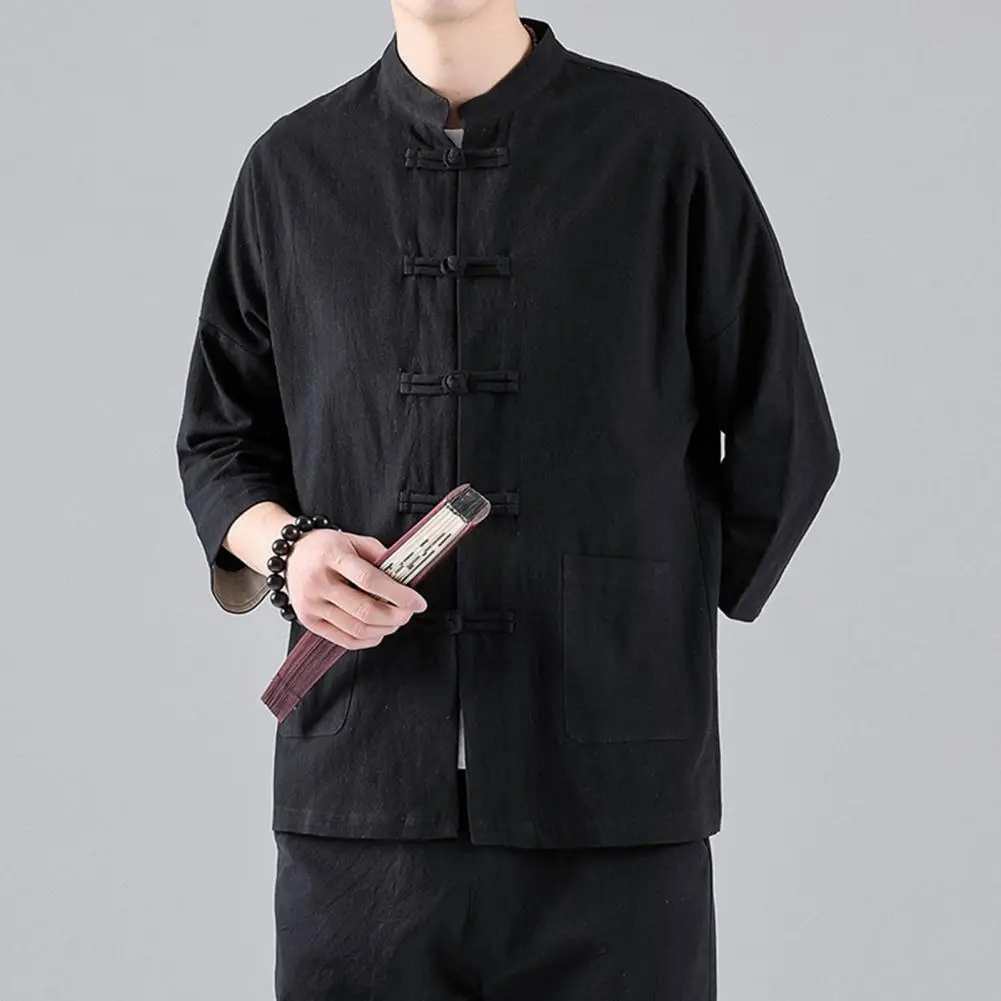 Men Shirt Men Loose Fit Shirt Vintage Chinese Style Men's Shirt with Knot Buttons Stand Collar Three Quarter Sleeves for Casual