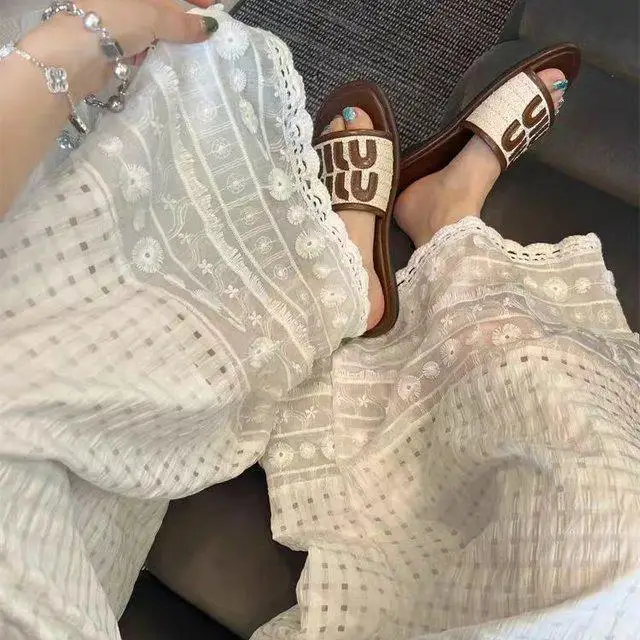 بسيطة مرنة الصناعة الثقيلة السراويل منقوشة جوفاء الدانتيل الربط كسول واسعة الساق السراويل عطلة نمط تصميم السراويل عارضة