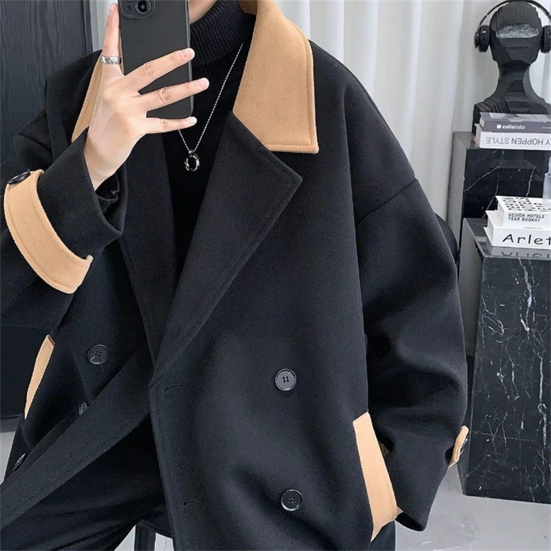 Black Woolen Coat Men Autumn Winter Long Coats Casual Turn Down Collar Outerwear Korean High Street Coats Men 2023