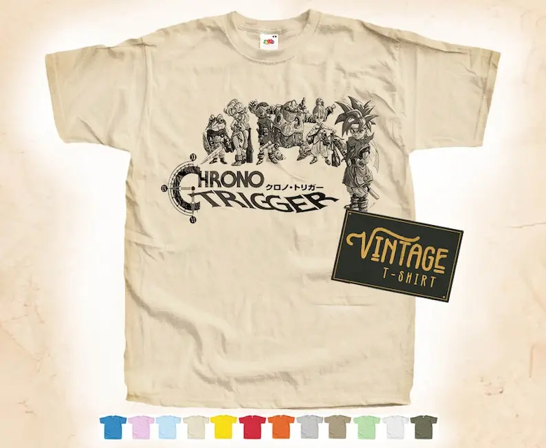 

Black Print: Chrono Trigger V1 T shirt Tee Natural VINTAGE Cotton Movie Poster Beige 12 colors All Sizes