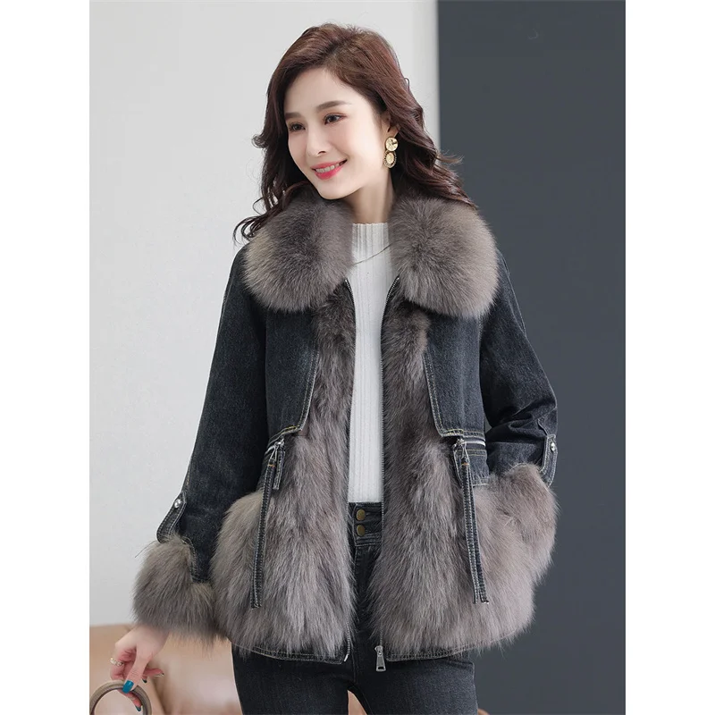 2022 Winter New Women Loose Imitation Fox Fur Stitching Denim Thickened Pie To Overcome Female High-end Slim Vintage Fur Jacket