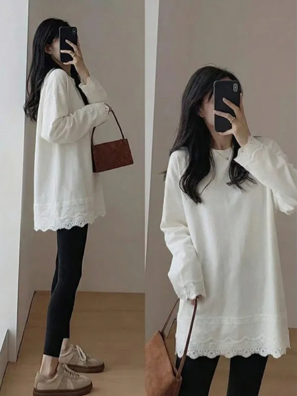 Lace Fleece Lined Women's T-Shirt Loose Long Sleeve Mid-Length White Inner Wear with Shark Pants Top Korean Style Pure Cotton