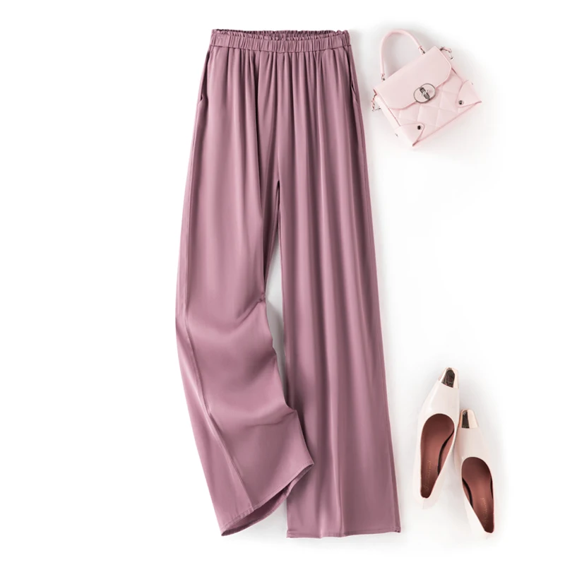 2025 Women's Fashion Spring/Summer New 95% Natural Mulberry Silk Elastic Satin Casual High Waist Solid Color Pants