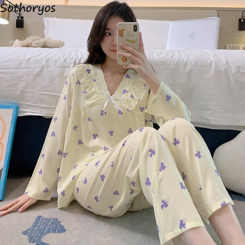 Spring Pajama Sets Women Lovely Prints Students Fashion Sweet Cozy Breathable Sleepwear Long Sleeve College Korean Style Pijamas